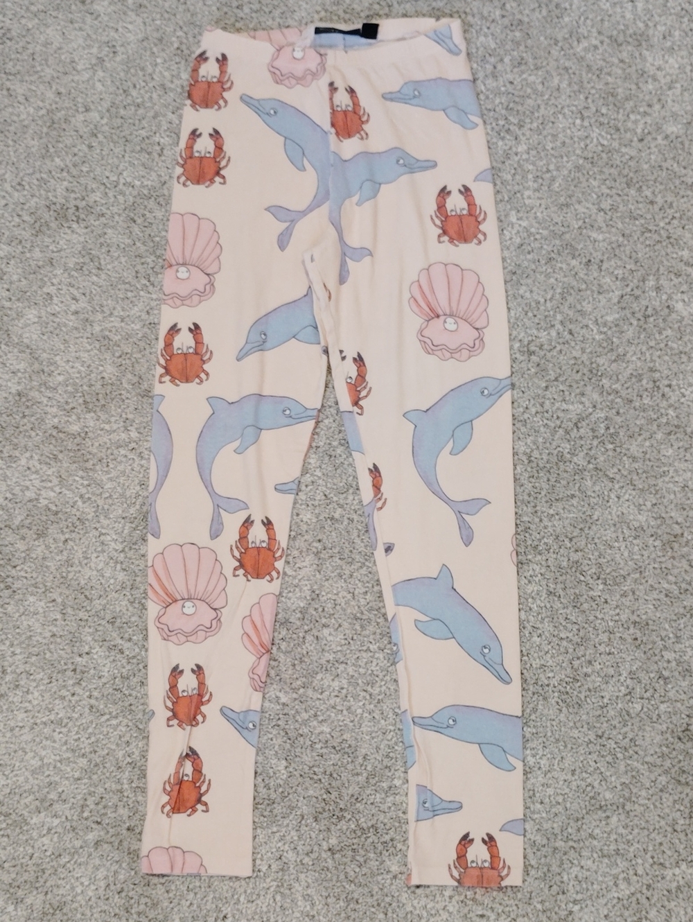 Mini Rodini Cream Leggings with Blue Dolphins & Coral Crabs